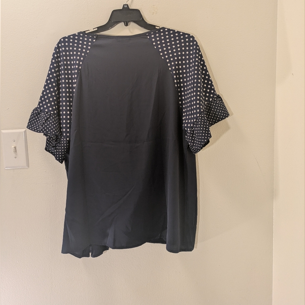 BloomChic Navy and White Polka Dot Sleeve Blouse - Picture 7 of 12